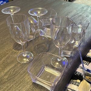 Set of 4 each clear acrylic/plastic Bowls, Wine glasses, juice glasses